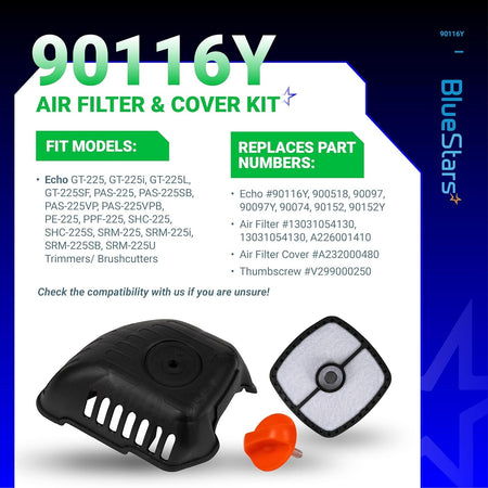 90116Y air filter and cover kit with thumbscrew for Echo trimmers, featuring compatibility and part number information.
