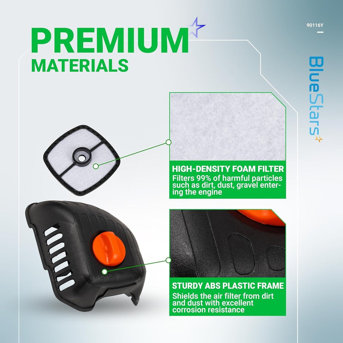 Infographic showing high-density foam filter and air filter cover with thumbscrew for Echo 225 series trimmers.