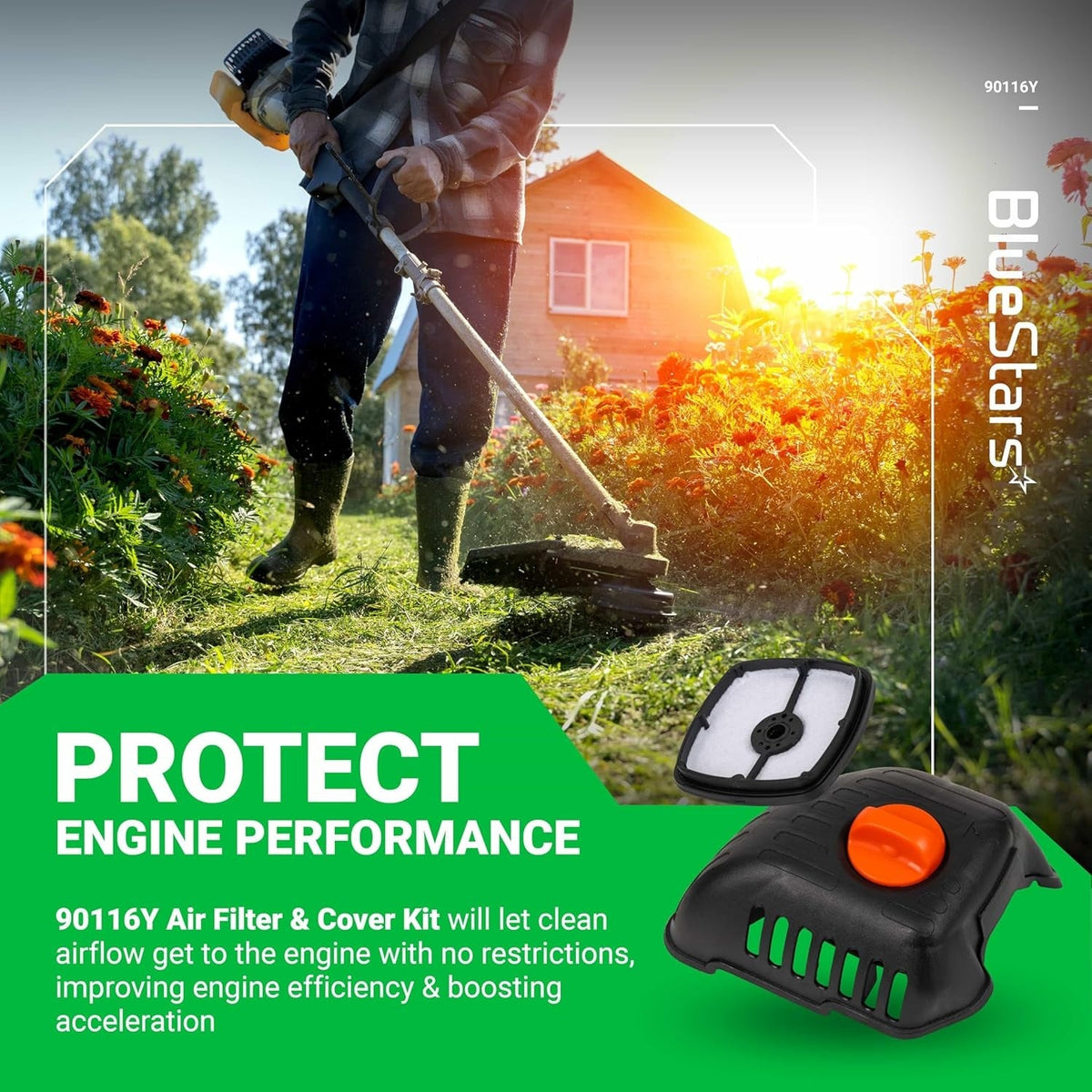 90116Y air filter and cover kit with thumbscrew for Echo trimmers, shown in a lifestyle product graphic.