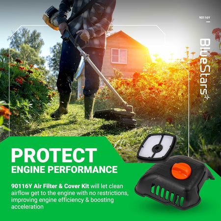90116Y air filter and cover kit with thumbscrew for Echo trimmers, shown in a lifestyle product graphic.