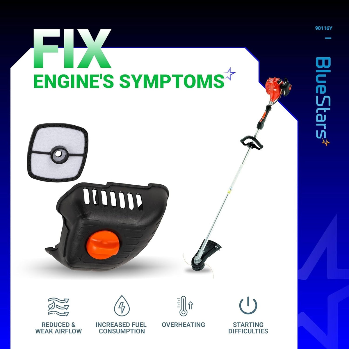 90116Y air filter cover kit for Echo trimmers showing filter, cover, thumbscrew, and compatible trimmer model.