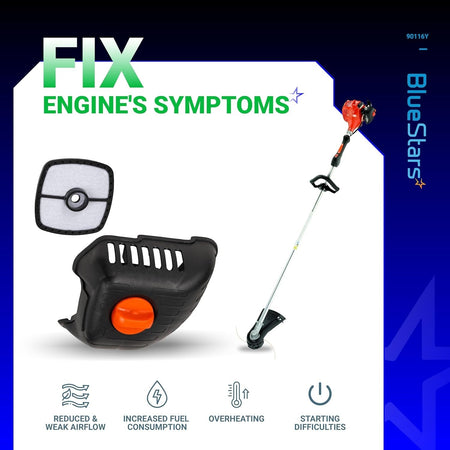 90116Y air filter cover kit for Echo trimmers showing filter, cover, thumbscrew, and compatible trimmer model.