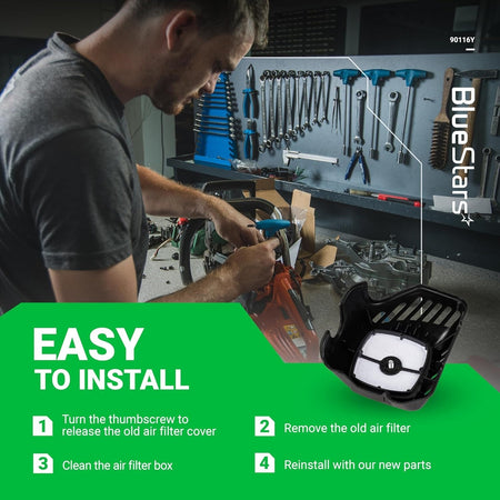Instructional graphic showing how to install the 90116Y air filter cover kit on an Echo trimmer.