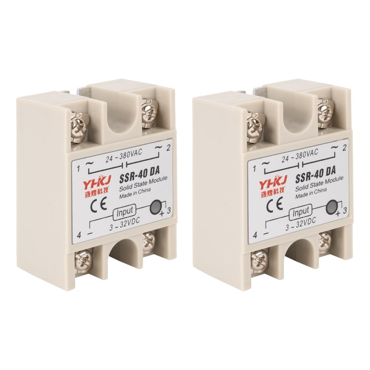 Two SSR-40DA solid state relays with 3-32VDC input and 24-380VAC output terminals.