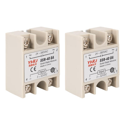Two SSR-40DA solid state relays with 3-32VDC input and 24-380VAC output terminals.