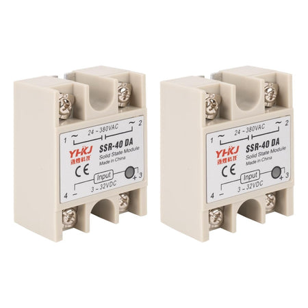 Two SSR-40DA solid state relays with 3-32VDC input and 24-380VAC output terminals.