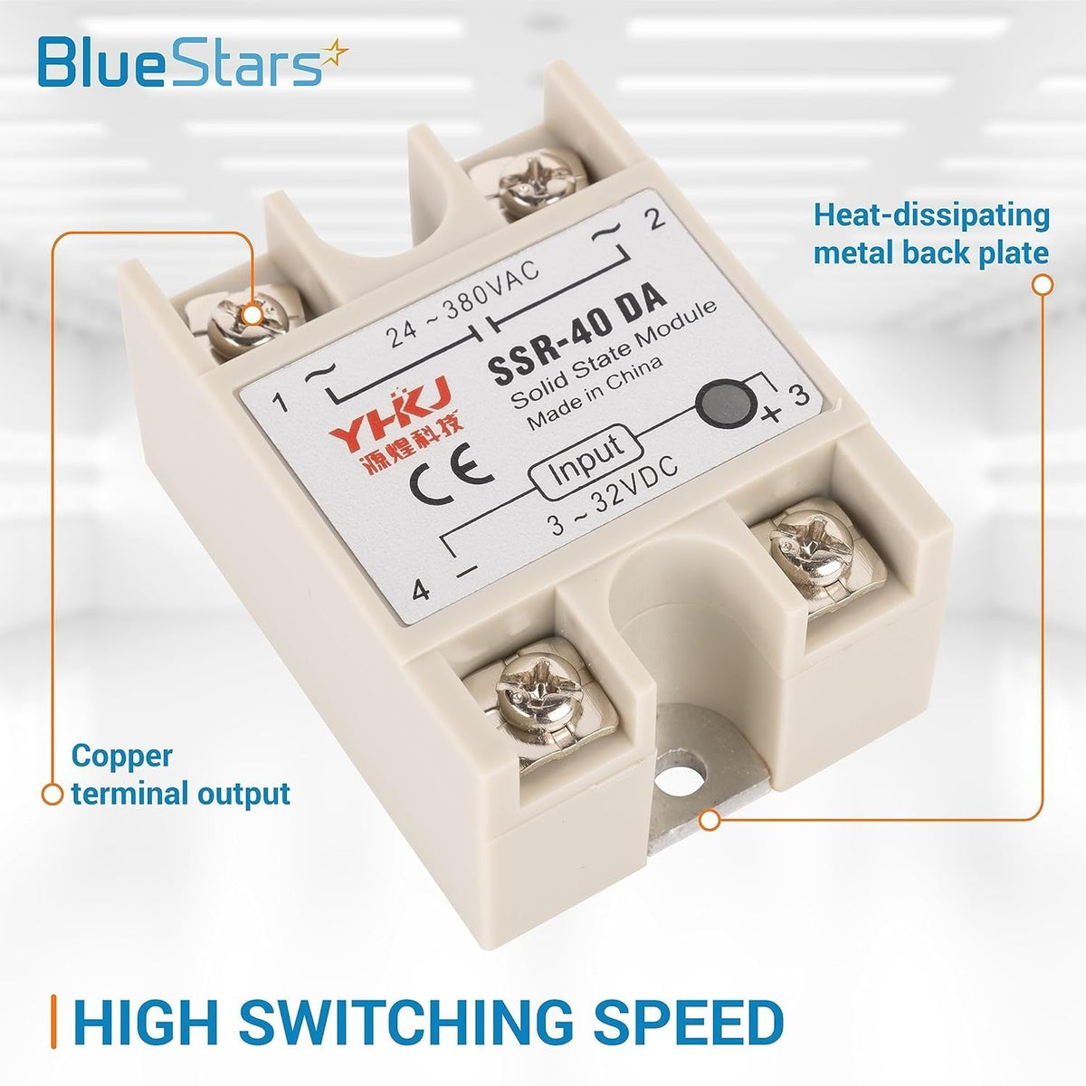 Single SSR-40DA solid state relay with copper terminal outputs and heat-dissipating metal back plate.