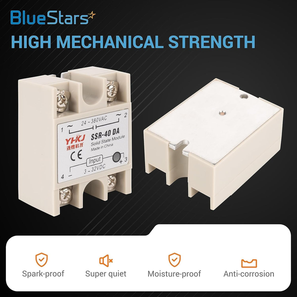 Two SSR-40DA solid state relays showing front and back views with terminal screws and technical specifications.