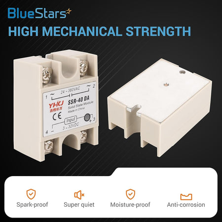 Two SSR-40DA solid state relays showing front and back views with terminal screws and technical specifications.