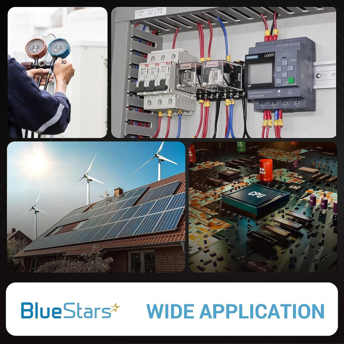 Collage showing industrial electrical control panels, solar panels, and circuit boards for SSR-40DA solid state relay.