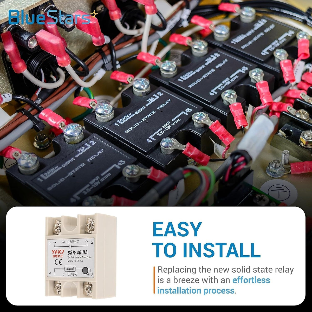 SSR-40DA solid state relay shown in a close-up product installation graphic.