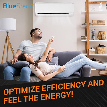 Couple relaxing on a sofa using a remote to control a wall-mounted air conditioner unit.