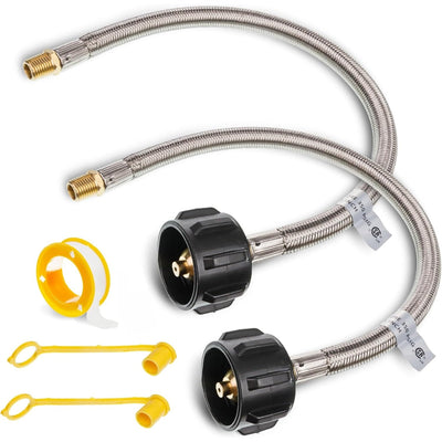 Two 15-inch stainless braided RV propane pigtail hoses with QCC1 connectors, seal tape, and yellow dust caps.