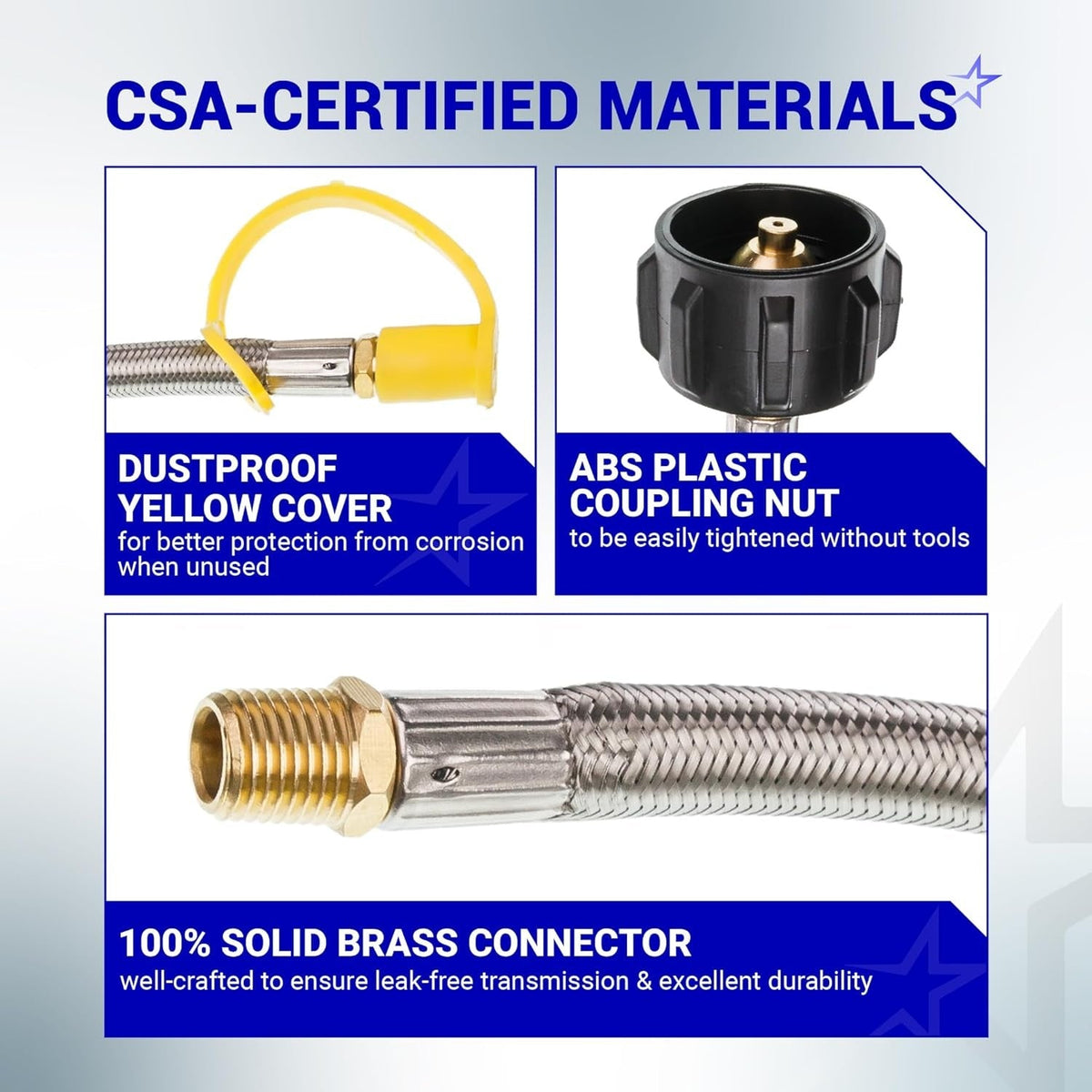 Infographic showing CSA-certified stainless propane pigtail hose features: yellow dust cover, QCC1 nut, and brass connector.