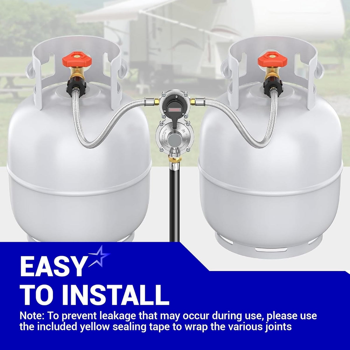 Two 15-inch stainless braided propane pigtail hoses connected to RV propane tanks and a two-stage regulator.