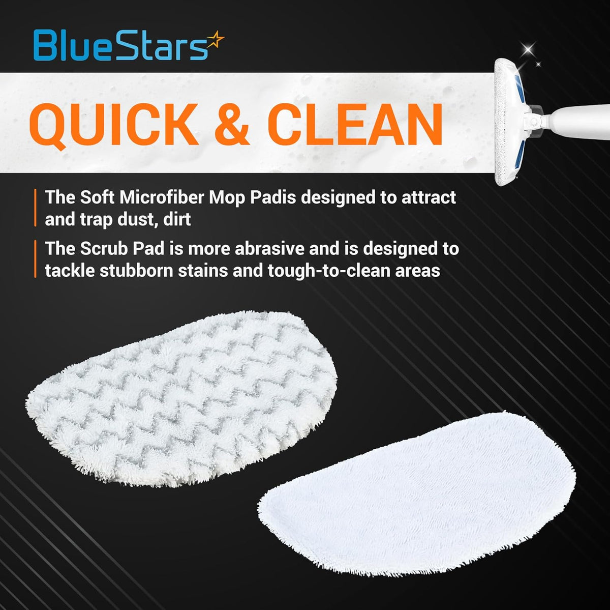 Infographic showing soft microfiber and abrasive scrub mop pads for Bissell Powerfresh steam mops.