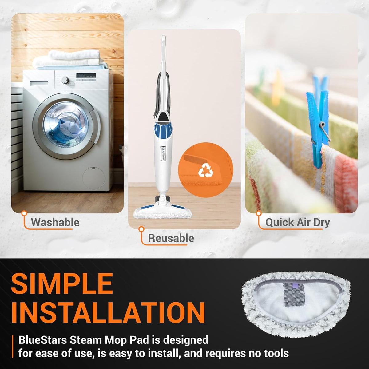 Infographic showing washable, reusable microfiber mop pads for Bissell Powerfresh steam mops with simple installation.