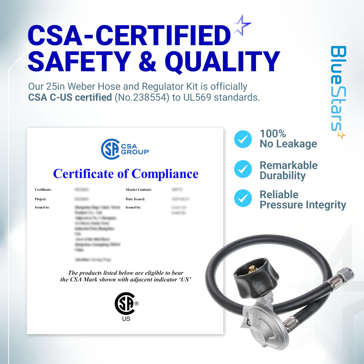 CSA-certified Weber grill hose and regulator kit shown with official certificate of compliance.