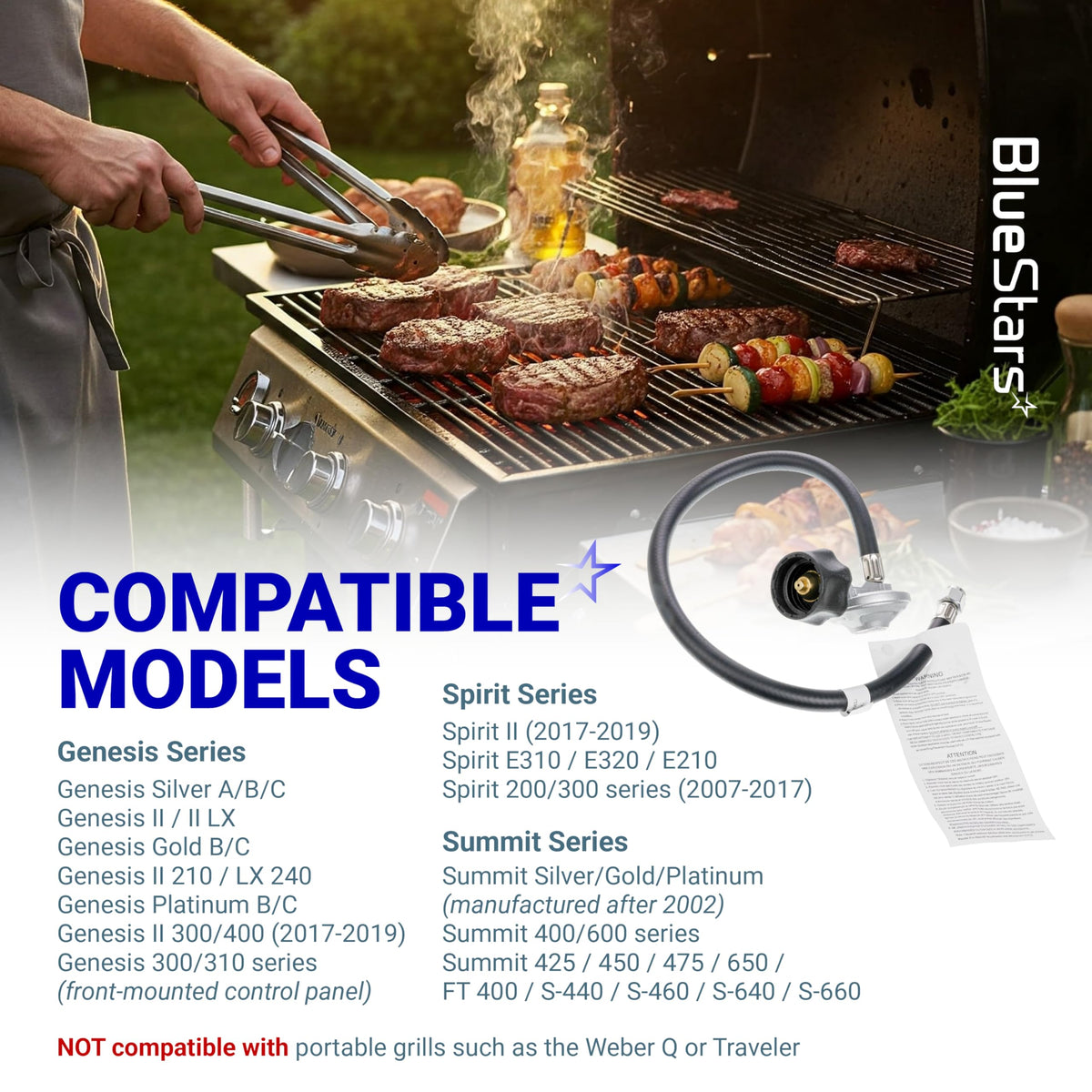 25-inch gas grill hose and regulator kit for Weber Genesis, Spirit, and Summit series with compatibility list.