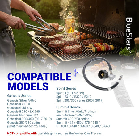 25-inch gas grill hose and regulator kit for Weber Genesis, Spirit, and Summit series with compatibility list.