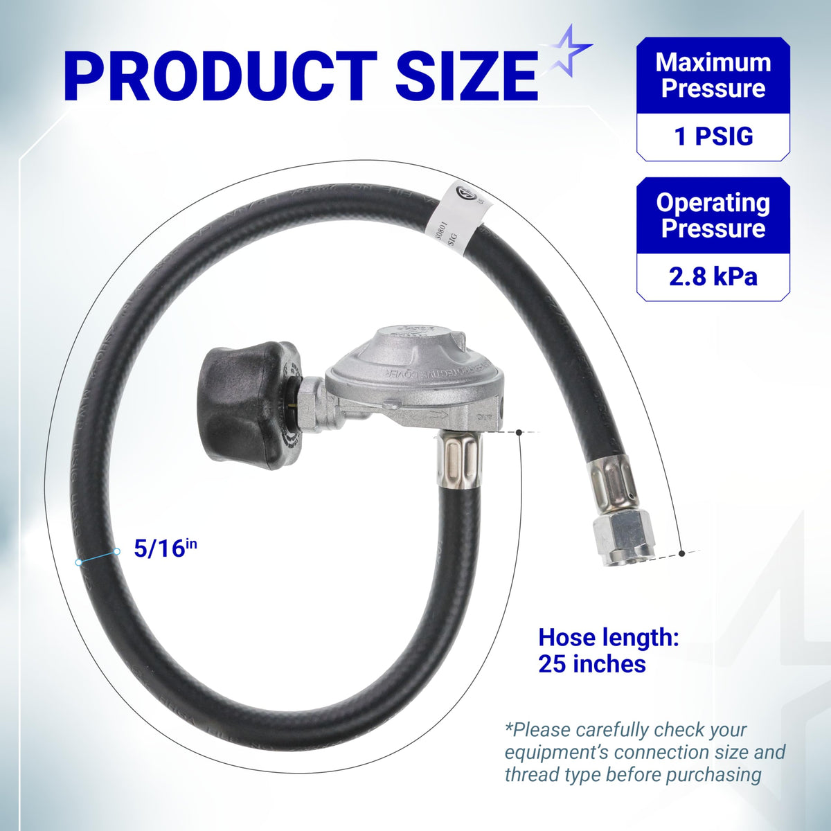 Infographic showing 25-inch Weber grill hose and regulator kit dimensions, pressure ratings, and 5/16-inch hose diameter.