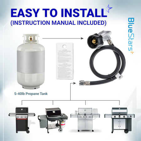 Installation diagram for Weber grill hose and regulator kit showing connection to propane tank and compatible grills.