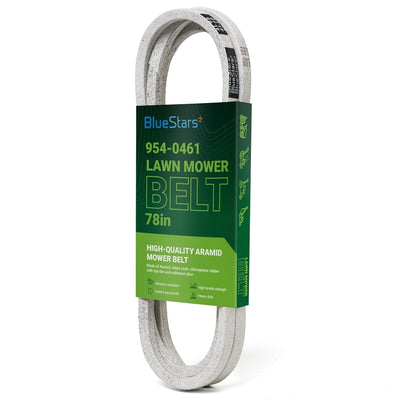 954-0461 78-inch replacement lawn mower drive belt with BlueStars branded packaging sleeve.