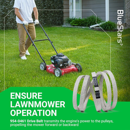 954-0461 replacement drive belt for Cub Cadet lawn mowers shown with a person operating a mower in a yard.