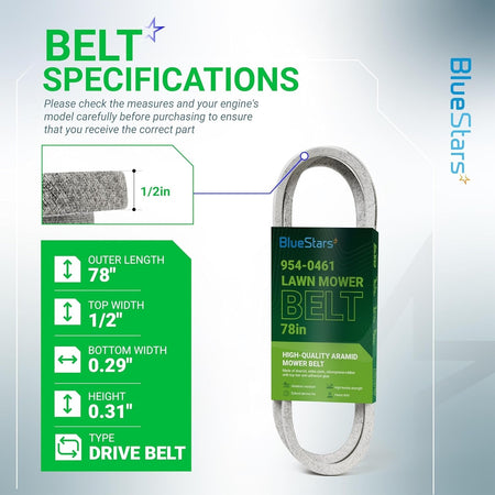 Infographic showing 954-0461 drive belt specifications including 78-inch length and 1/2-inch width dimensions.