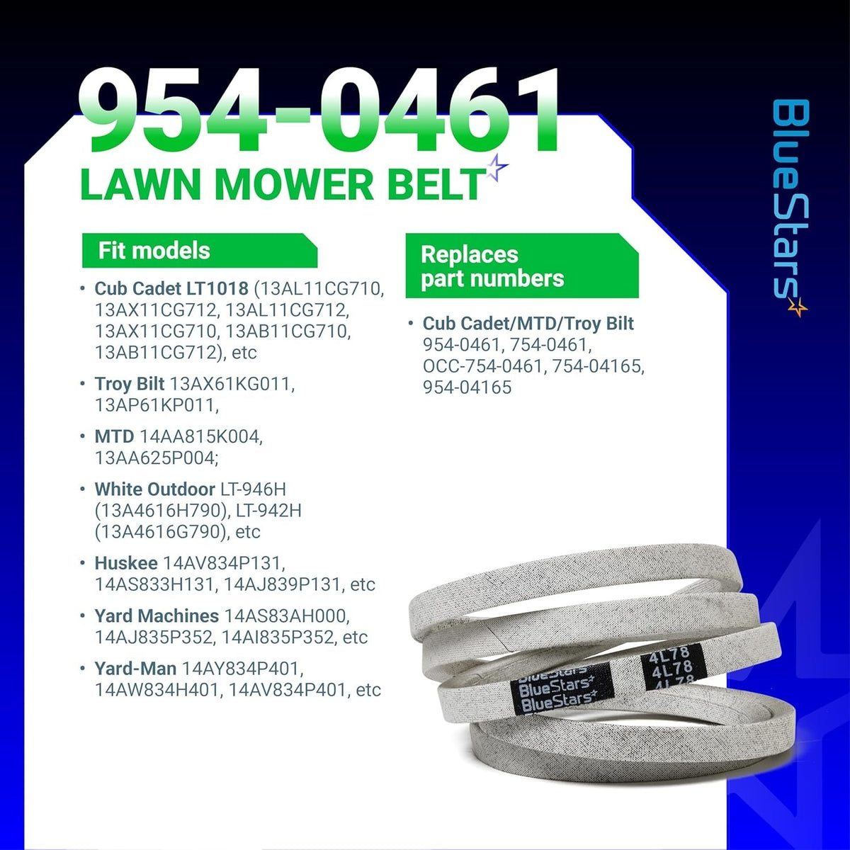 954-0461 lawn mower drive belt with compatibility and part number information chart.
