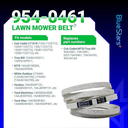 954-0461 lawn mower drive belt with compatibility and part number information chart.