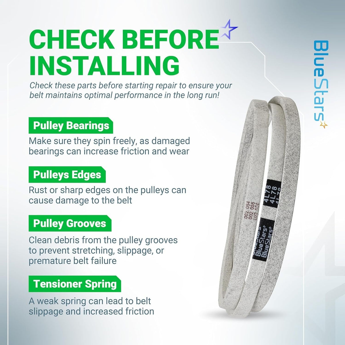 Informational graphic for 954-0461 drive belt installation tips and pulley maintenance checklist.