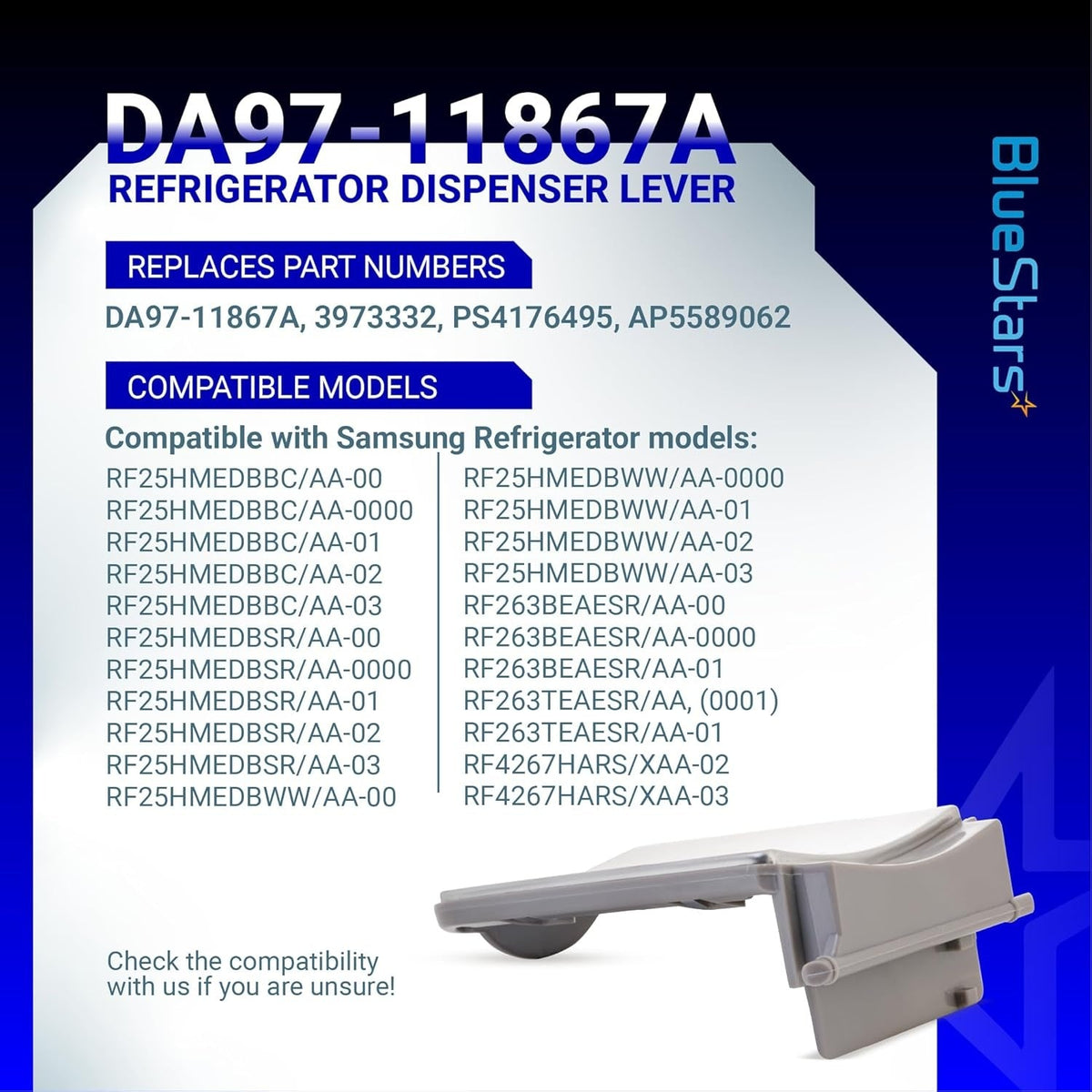 DA97-11867A refrigerator dispenser lever assembly for Samsung refrigerators with compatibility information chart.