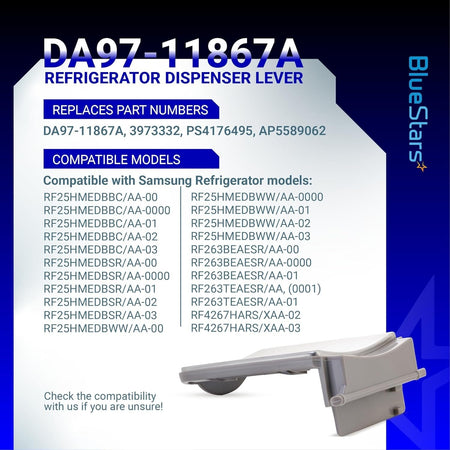 DA97-11867A refrigerator dispenser lever assembly for Samsung refrigerators with compatibility information chart.