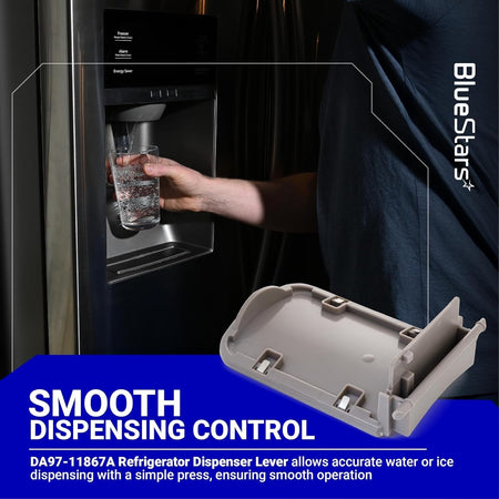 DA97-11867A refrigerator dispenser lever assembly shown in a product feature graphic with a Samsung fridge background.
