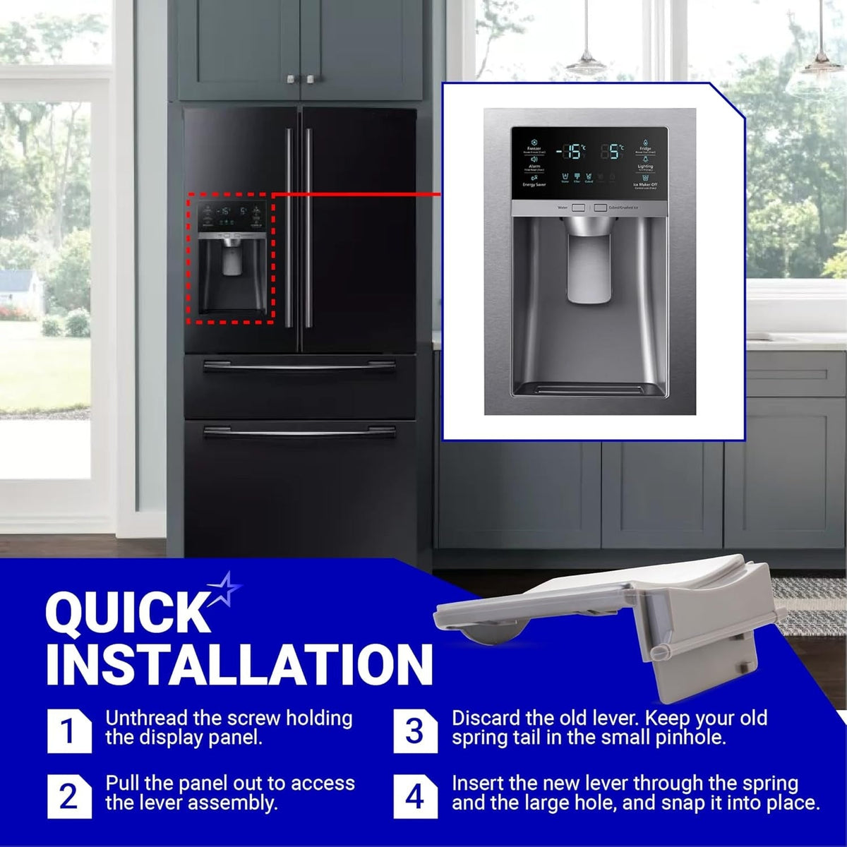 Installation guide for Samsung refrigerator dispenser lever assembly DA97-11867A showing panel location and steps.