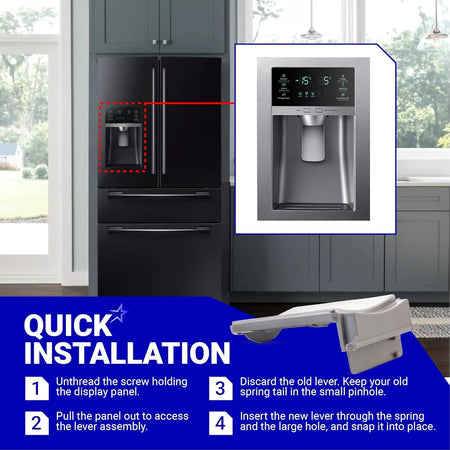 Installation guide for Samsung refrigerator dispenser lever assembly DA97-11867A showing panel location and steps.