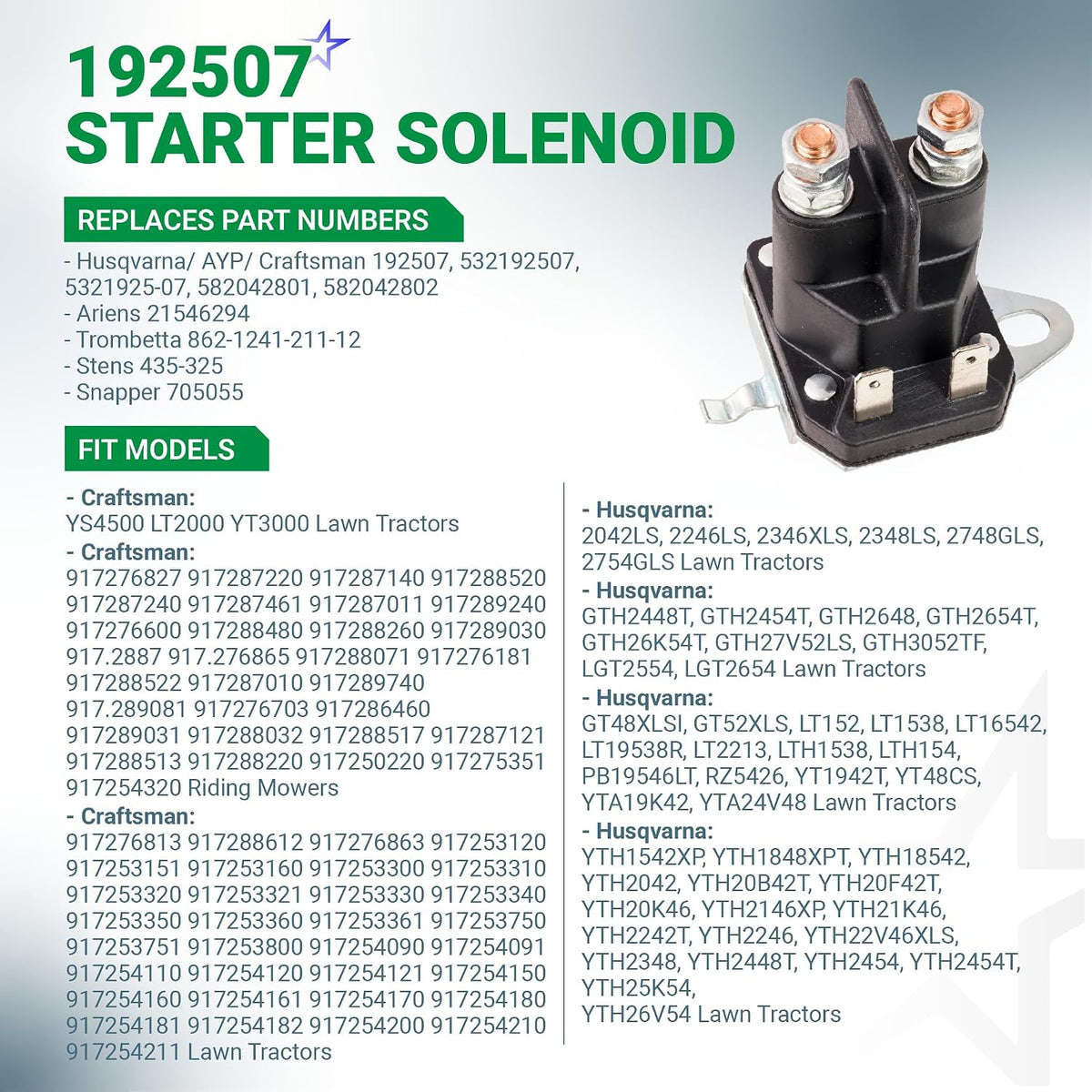 192507 Starter Solenoid, product photo with replacement part numbers and fit model lists