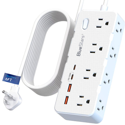White 6ft surge protector power strip with 8 AC outlets, 2 USB-C and 2 USB-A ports, and a flat plug.