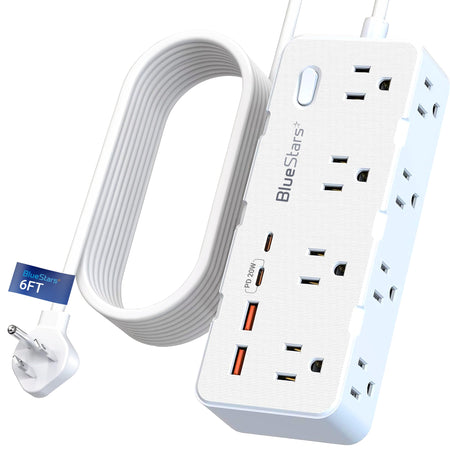White 6ft surge protector power strip with 8 AC outlets, 2 USB-C and 2 USB-A ports, and a flat plug.