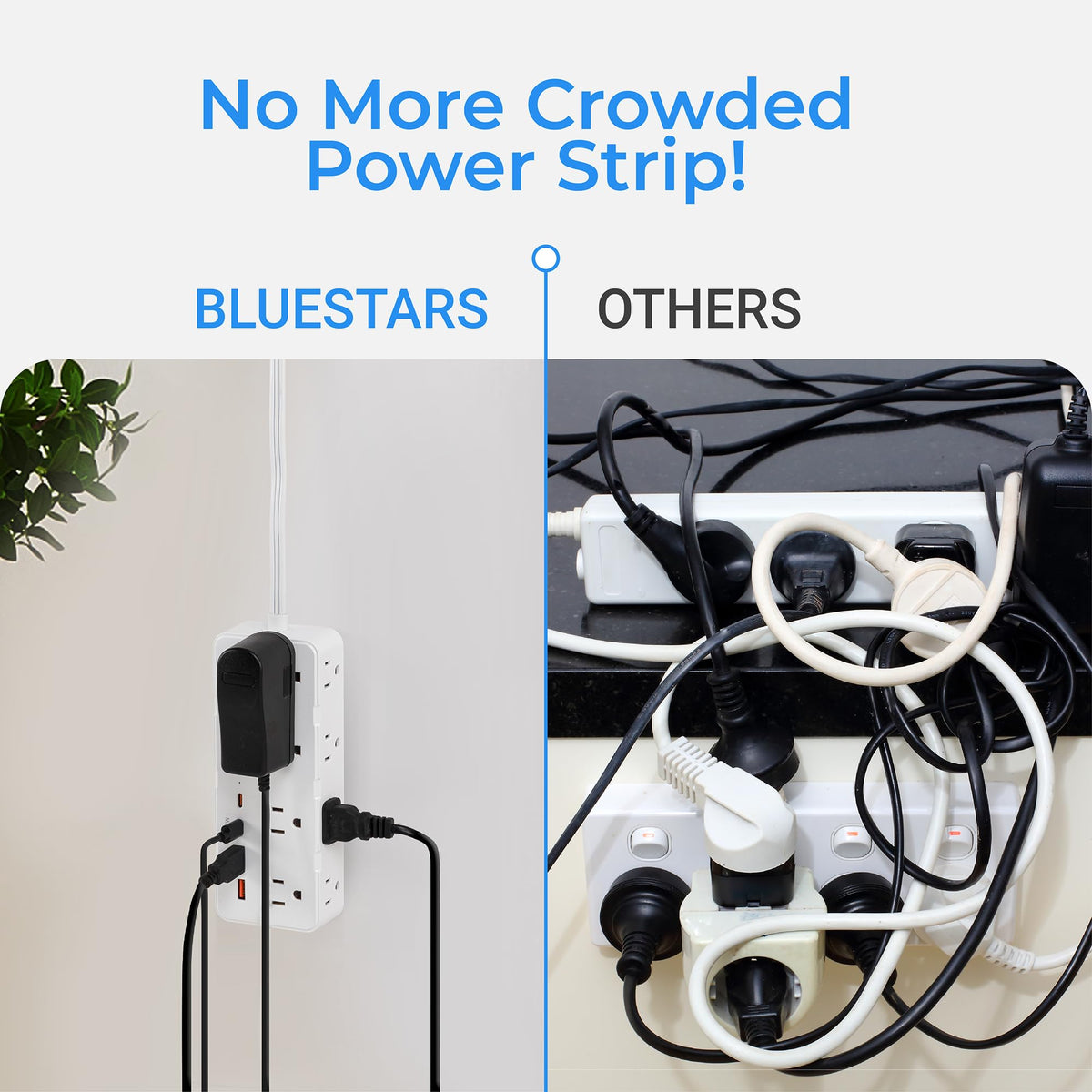 Comparison showing organized Bluestars power strip versus cluttered standard power strips.