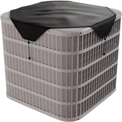 Black mesh AC condenser cover installed on top of an outdoor central air conditioner unit.