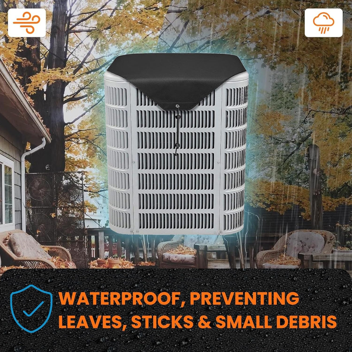 Black mesh AC condenser cover installed on an outdoor central air conditioner unit to protect against debris.