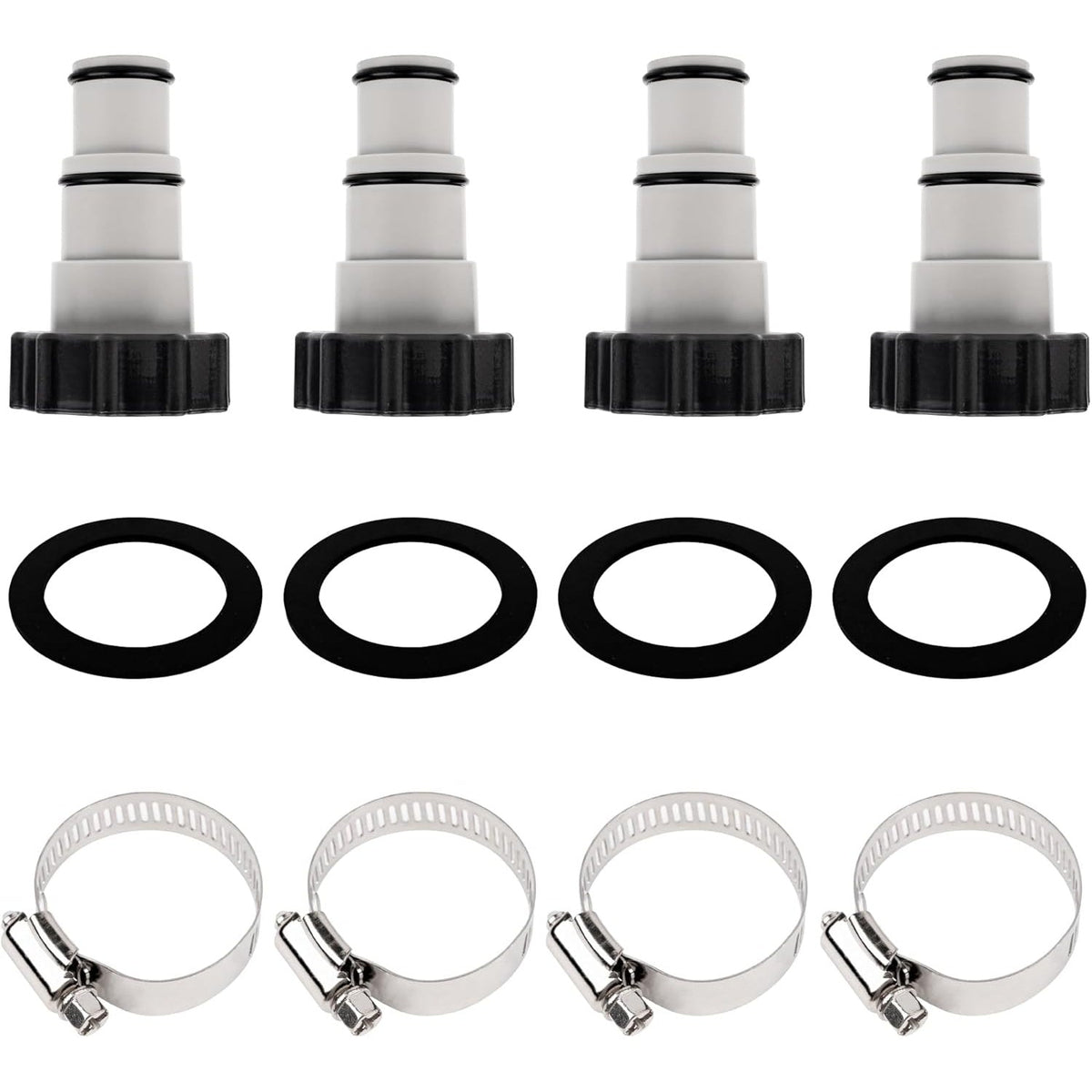 Set of four universal pool hose adapters with rubber gaskets and metal clamps for Intex filter pumps.