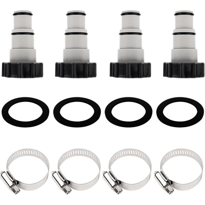 Set of four universal pool hose adapters with rubber gaskets and metal clamps for Intex filter pumps.