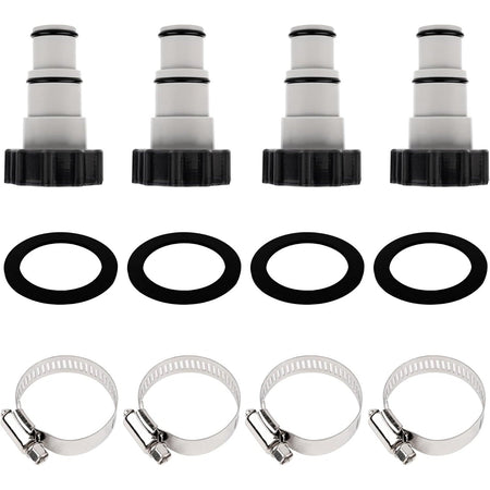 Set of four universal pool hose adapters with rubber gaskets and metal clamps for Intex filter pumps.