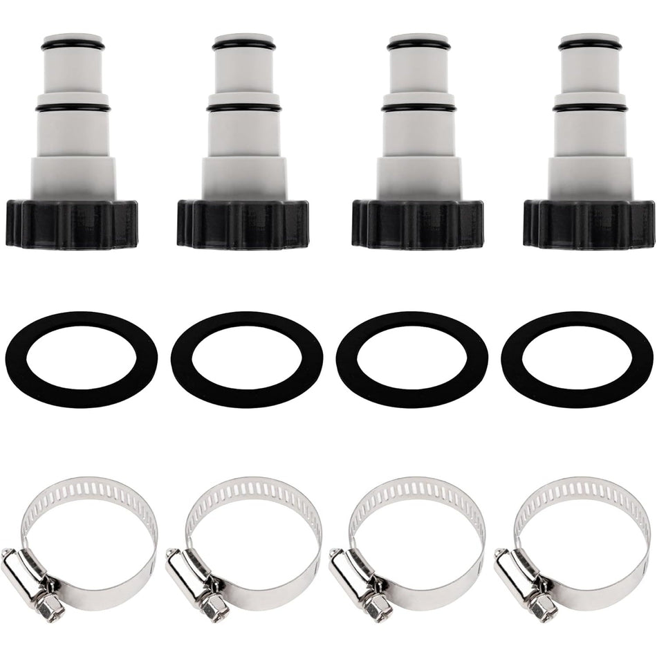 Set of four universal pool hose adapters with rubber gaskets and metal clamps for Intex filter pumps.