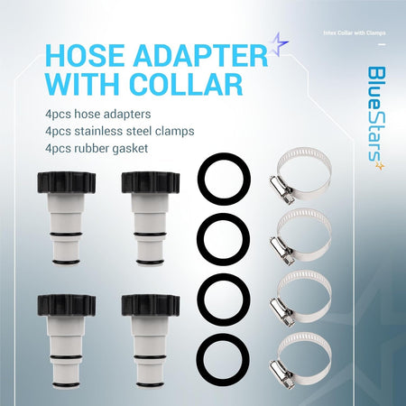 Universal pool hose adapter set with 4 adapters, 4 rubber gaskets, and 4 stainless steel clamps for Intex filter pumps.