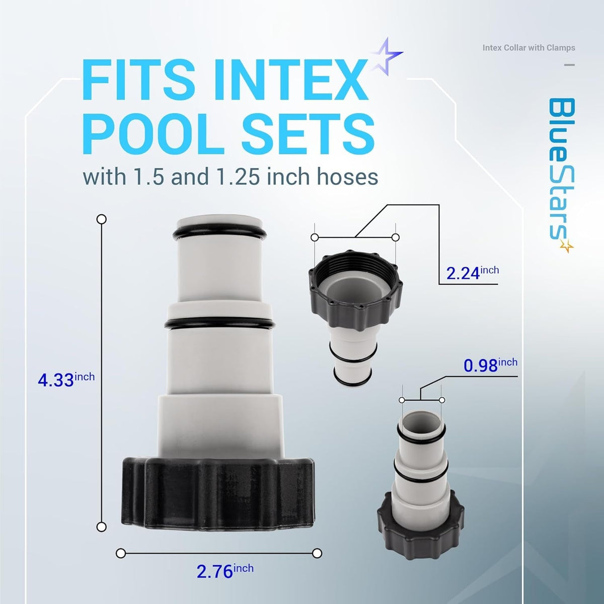 Dimensional diagram of Intex pool hose adapter showing 1.5 and 1.25-inch compatibility and measurements.