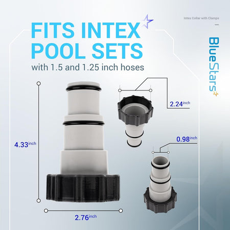 Dimensional diagram of Intex pool hose adapter showing 1.5 and 1.25-inch compatibility and measurements.